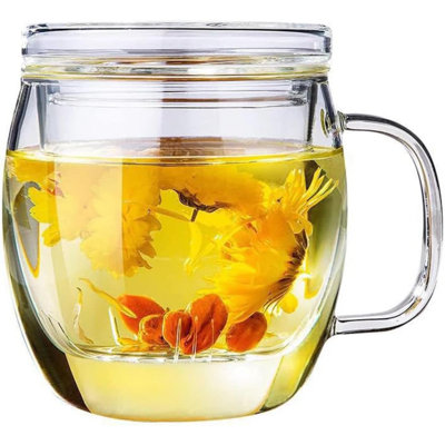 Tasse à thé en verre avec infuseur et couvercle Tasses à thé en verre borosilicaté pour thé à feuilles mobiles, tasses à thé en verre avec filtre pour thé, grand système d'infusion à feuilles mobiles