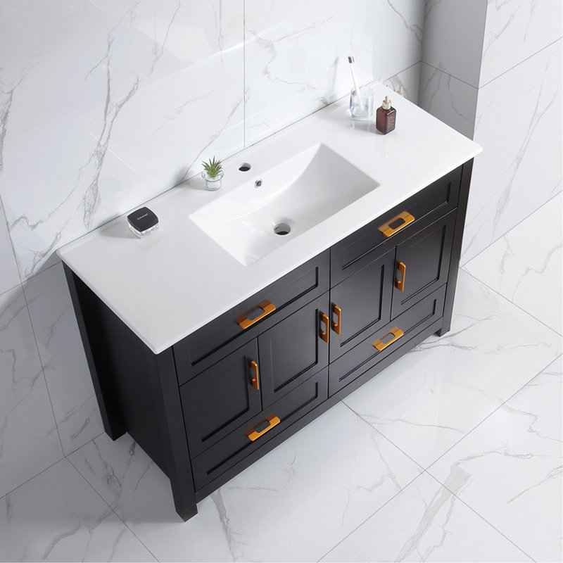 Ensemble de meuble-lavabo avec lavabo en céramique, armoire de rangement abondante - 4 portes à fermeture douce et 4 tiroirs