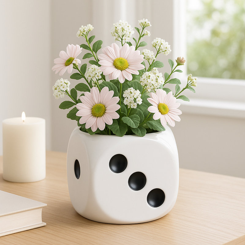 Pot à dés décoratif en céramique pour espaces intérieurs et extérieurs - Pots de fleurs créatifs pour patio, salon et décoration intérieure - 6 po, blanc et noir