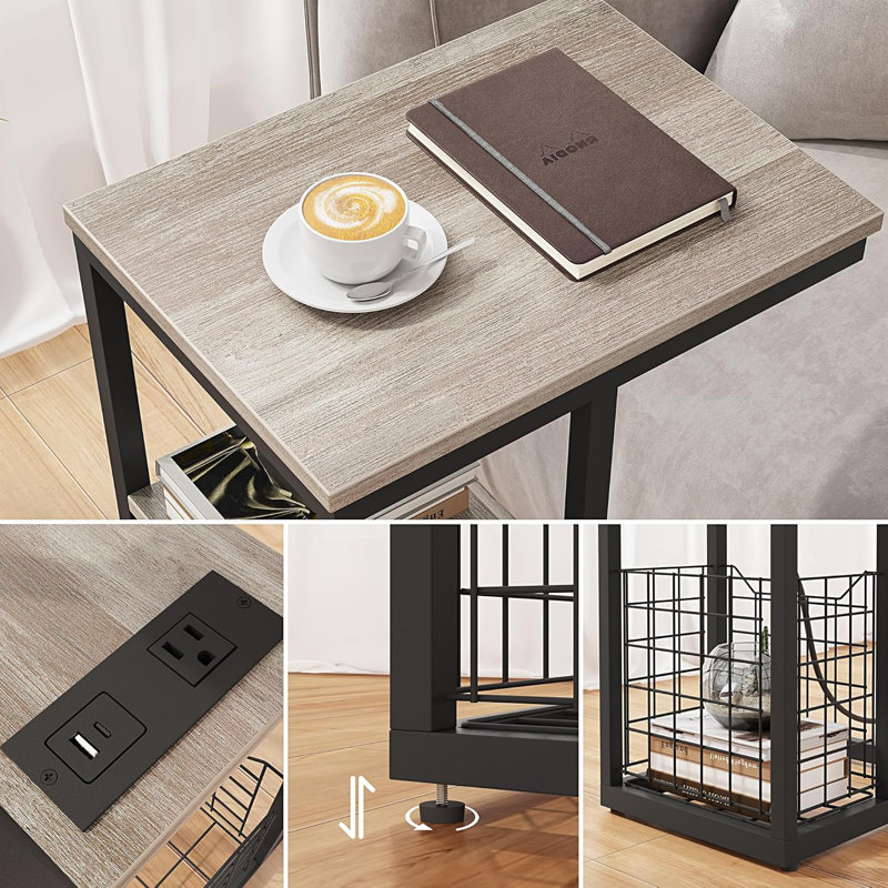 C Shaped End Table with Charging Station, Side Table for Couch, Small Side End Table
