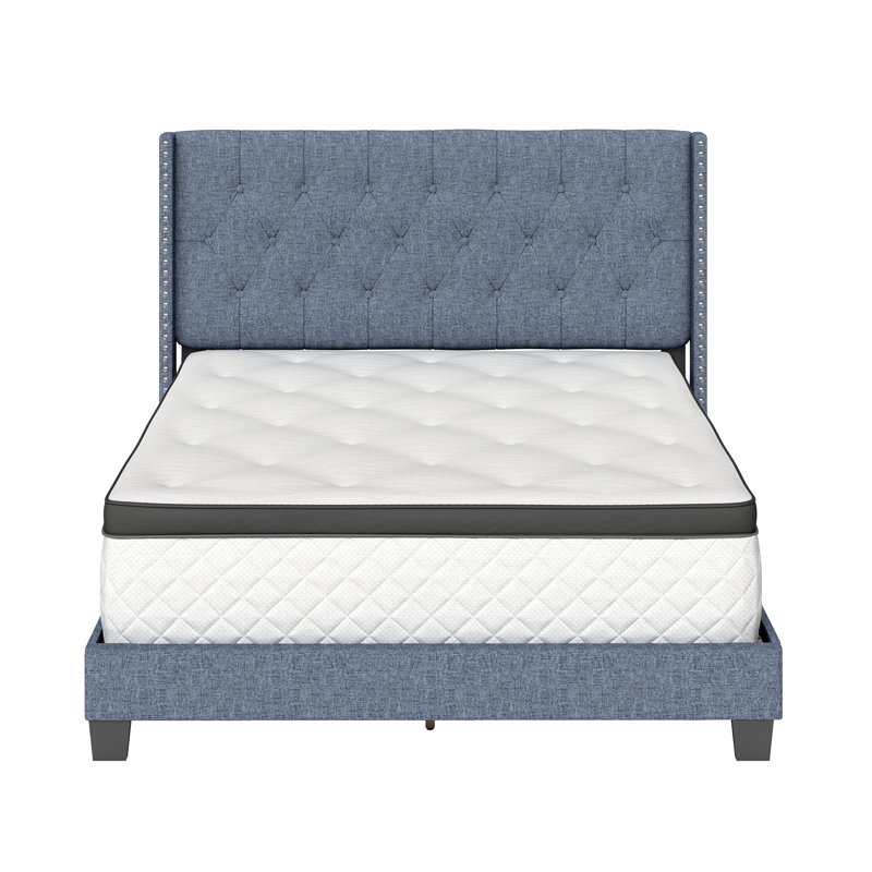 Sophia Blue Linen Queen Platform Bed with Tufted Wingback Headboard