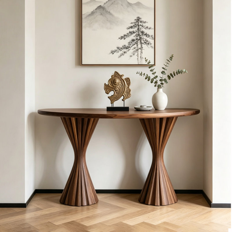 Console moderne en bois massif semi-circulaire, H 35,43 po x l 62,99 po x P 15,75 po