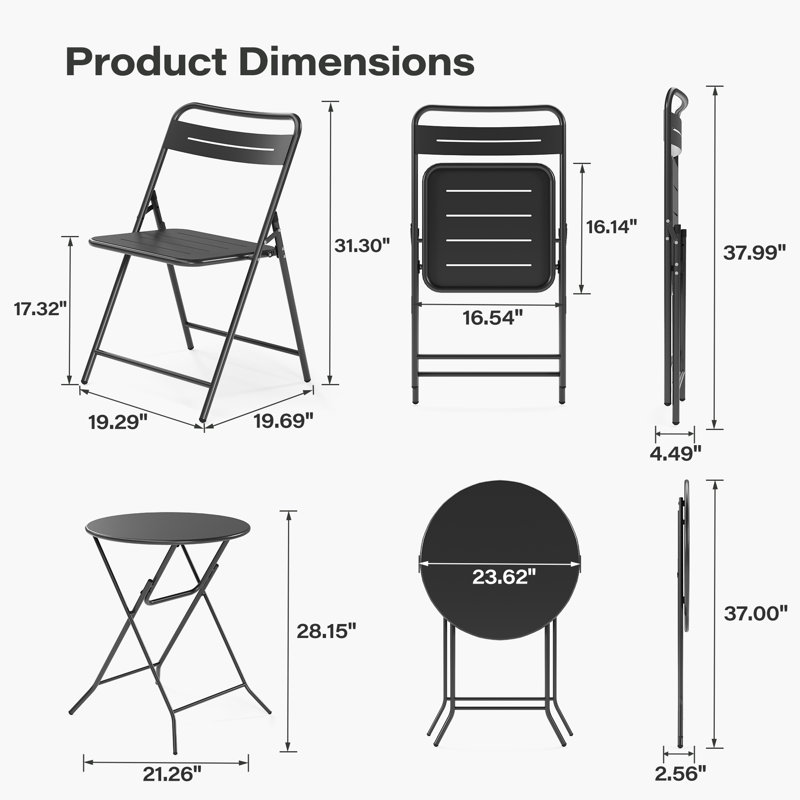 Ensemble bistro 3 pièces pour patio avec table résistante aux intempéries, Noir