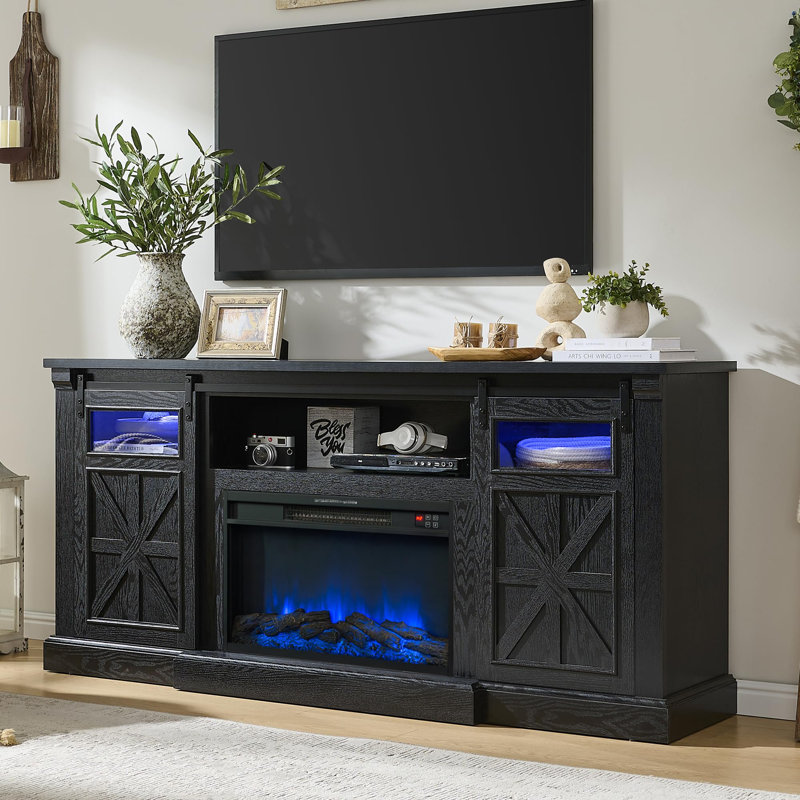 Farmhouse Fireplace TV Stand – 32’’ Tall LED Entertainment Center, Fits 80 Inch Tvs, With Electric Fireplace & Sliding Barn Door/Window,Rustic Gery