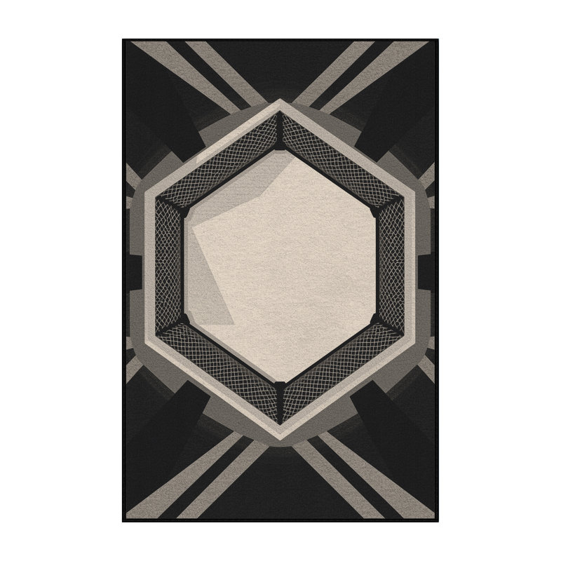 Machine Washable Cain Mixed Martial Arts Octagon Scene Modern Geometric Rug in Gray – Black Binding, 4x6