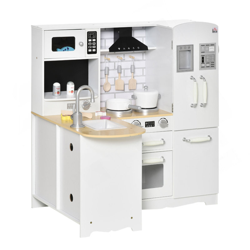 Qaba Large Play Kitchen With Full Set Of Appliances For A Modern Day Pretend Kitchen, Tons Of Storage, Corner Play Kitchen Set With Sound Effect, Educational Pretend Role Playset Game