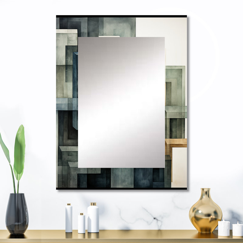Indigo Illusion Abstract Shapes I - Abstract Shapes Wall Mirror, Gray Decorative Mirror, Printed Metal Art, 32" x 24"