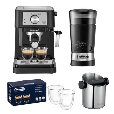 Stilosa Coffee Machine, Knock Box, Grinder & Latte Glasses Cream