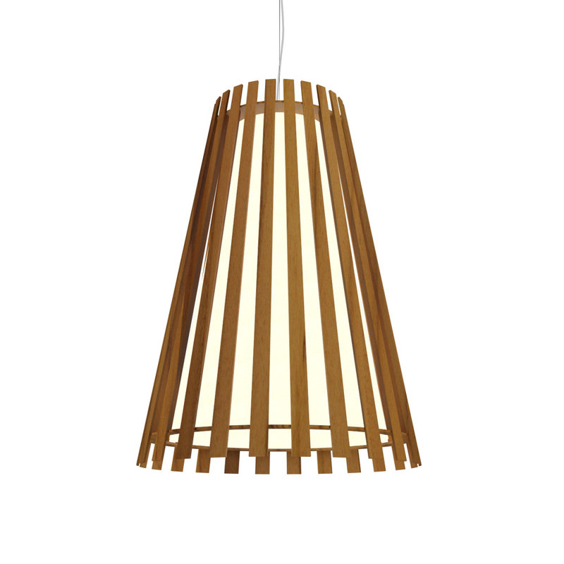 Teak Slatted Cone Pendant Light with LED