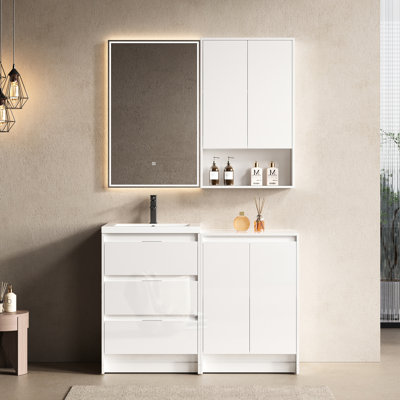 Meuble-lavabo autoportant de 48 po avec lavabo en résine, 1 et 1 armoire, tiroirs à fermeture en douceur, finition blanc brillant, contreplaqué pour un projet de rénovation