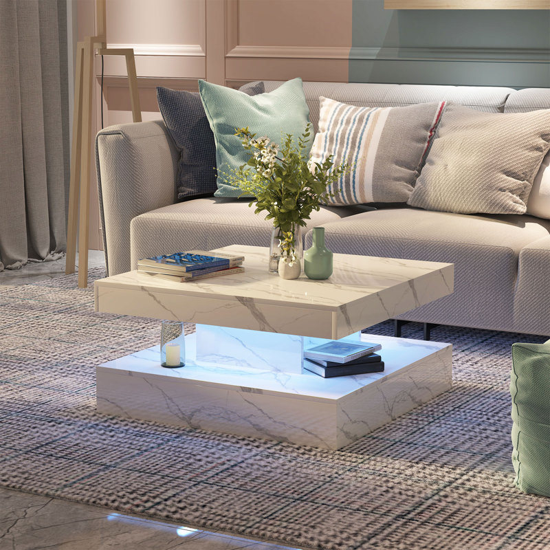 Charvez High-Gloss Coffee Table with 16 Colors LED Lights, White Marble, 40cm H x 78cm W x 78cm D