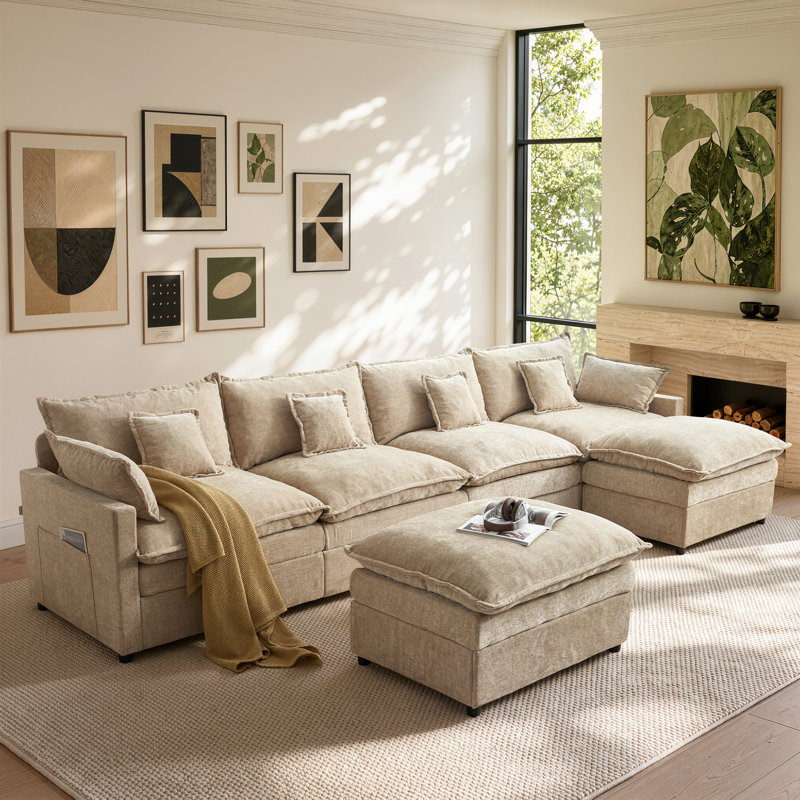 Canapé d'angle en L 6 places de 142 pouces avec 2 poufs amovibles, revêtement en chenille de 26 pouces de profondeur et 4 coussins décoratifs