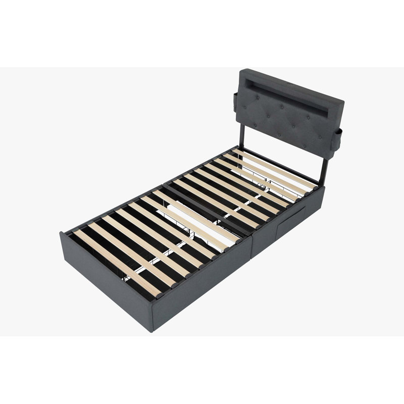 Structure de lit avec station de charge USB, lumières DEL et 4 tiroirs de rangement, Simple, Gris foncé