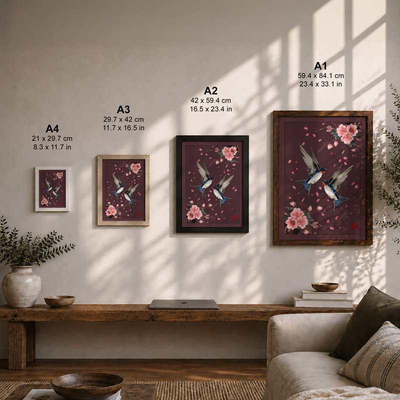 Hummingbirds Among Blossoms Botanical - Framed Print, A2 - 59.4 x 42.0 cm, Oak