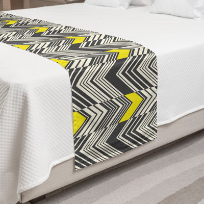 Ambesonne Retro Bed Runner Nostalgic Abstract Zigzags Yellow Ivory and Grey