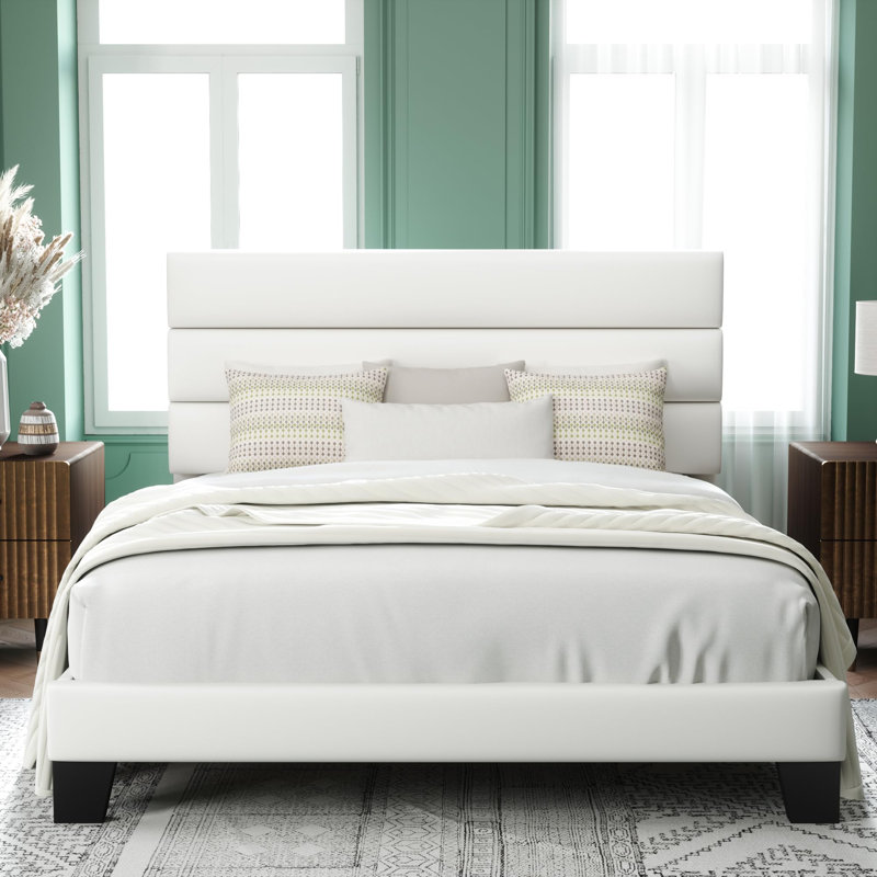 Base de lit plateforme avec tête de lit, Blanc, Grand lit