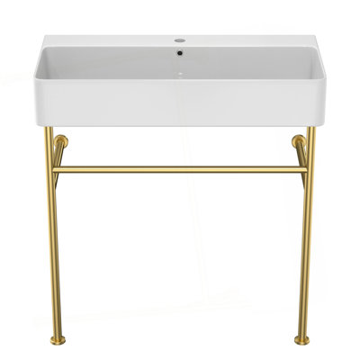 31.5" Bathroom Console Sink With Overflow, Ceramic Console Sink White Basin Gold Legs