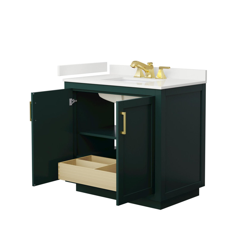Ensemble de meuble-lavabo simple 36 po avec plateau en quartz Miranda, Quartz blanc, Vert, Or brossé