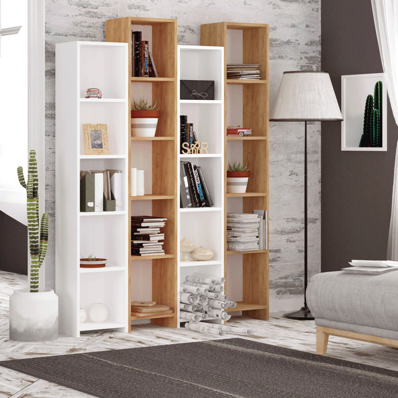 Bibliothèque moderne scandinave moderne (4 pièces), chêne et blanc, 52,9 x 70,9 x 9,8 pouces | 100% panneau de particules enduit de mélamine, épaisseur: 0,7 pouce | Nombreuses tablettes, solution de rangement murale et élégante pour la maison et le bureau