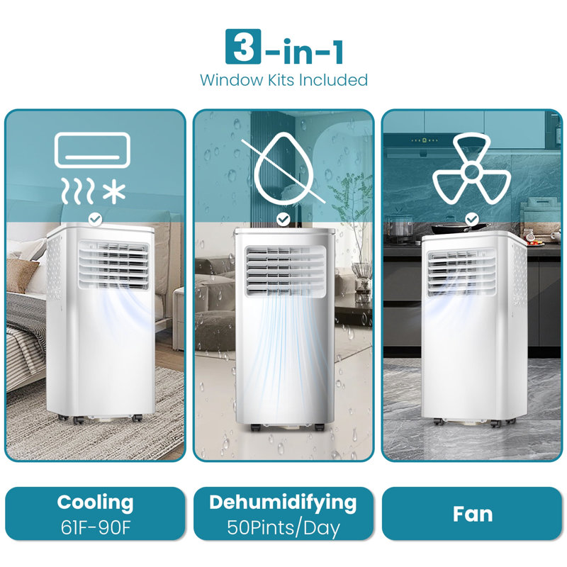 8,000 Btu Portable Air Conditioner - 350 Sq. Ft. Coverage, 4-In-1, Powerful Cool, Sleep Mode, 24H Timer, Window Kit For Bedroom/Apartment