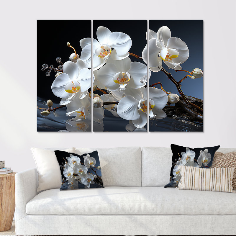 Ensemble de décorations murales orchidées blanches et jaunes, H 28 po x l 36 po x P 1 po, Toile tendue