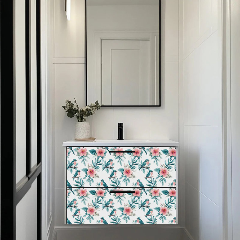 Seagreen and Pink Floral Bird 4x4 Vinyl Tile Stickers