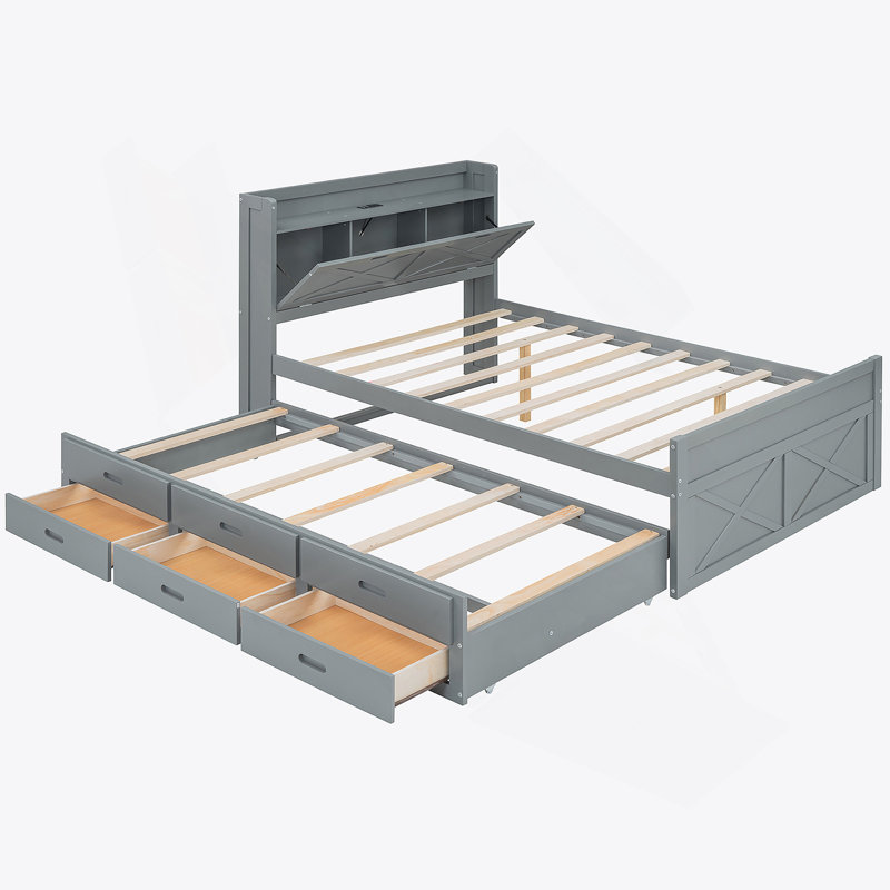 Lit double en bois avec rangement et tête de lit équipée, parfait pour un repos confortable et de l'espace - Sauver la vie