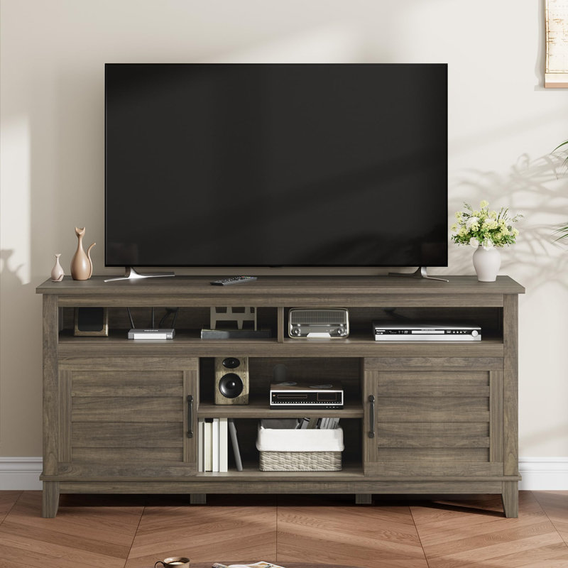 TV Stand for 63 in, Entertainment Center with Adjustable Shelves, Farmhouse TV Stand with Cabinet Doors, Grey