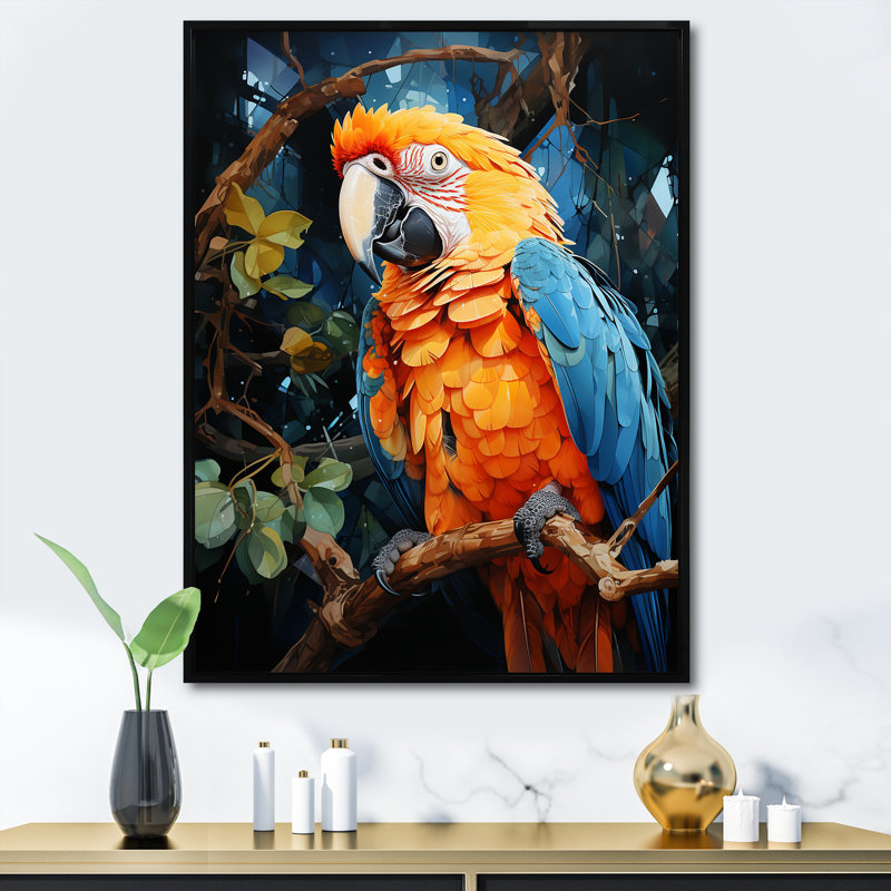 Paradis perroquet jaune et bleu, Cadre flottant noir, H 32 po x l 16 po x P 1 po