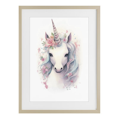 Unicorn with Pink Flower Crown Framed Print Under Glass, design by Creative Studio