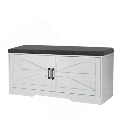 2-Tier Storage Bench, Farmhouse Shoe Bench With Padded Seat Cushion, Entryway Bench With 2 Barn Doors & 2 Adjustable Shelves