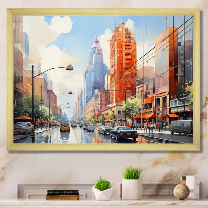 Abstract Towers Skyward Symphony - Cityscapes Wall Decor, H 12 po x l 20 po x P 1 po, Encadrement doré
