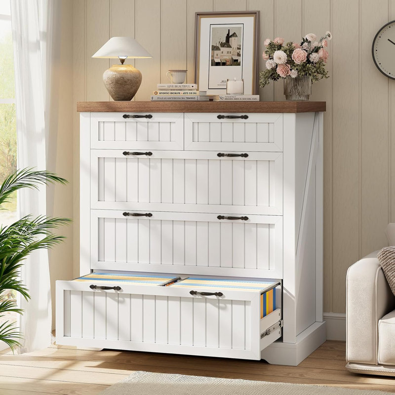 5 Drawer File Cabinet, 33.5" Farmhouse Filing Cabinets, White