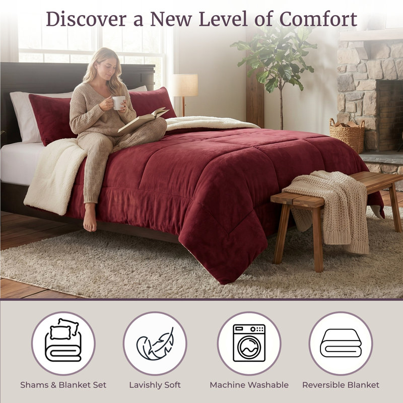 Sherpa Bedding Set - Fleece Bedspread with Pillow Shams Comforter Set - Warm, Cozy Bedding, King Comforter + 2 King Shams
