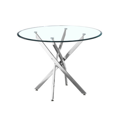 Table de salle à manger ronde en verre trempé transparent avec quatre pieds inclinés en métal argenté et une base équilibrée, d'une hauteur de 30,1 pouces, confortable pour les poteaux en acier inoxydable, d'une hauteur de 36 pouces, de construction