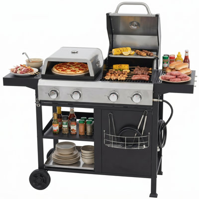 Propane Gas 2+2 Pizza Grill Outdoor Stainless Steel, 26,000 BTU Patio Garden Grill with Side Shelves, Lid, Wheels & Bottle Opener, Black Finish