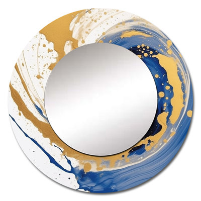 Dark Blue and Gold Spiral III - Abstract Spirals Unique Wall Mirror, Blue Round Mirror, Printed Metal Art