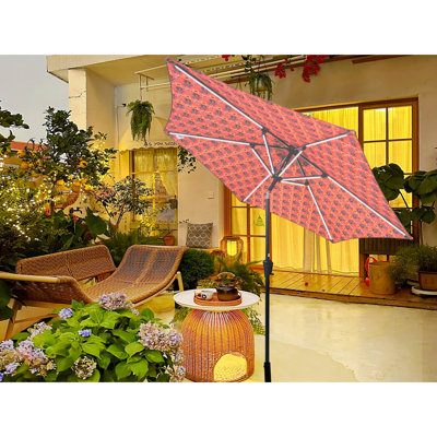 Parasol extérieur orange 9 pi, lumières DEL solaires, 6 nervures en acier, manivelle, inclinaison à bouton-poussoir, évent, parasol à baldaquin avec hydrofuge