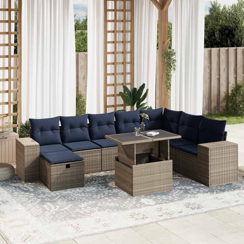  Ensemble de canapé de patio 9 pièces avec coussins en rotin de polyester, Gris, Bleu