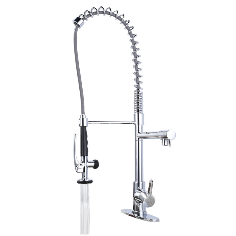 Spring Pull Down Single Handle Kitchen Faucet with Deck Plate and Handles, Chrome