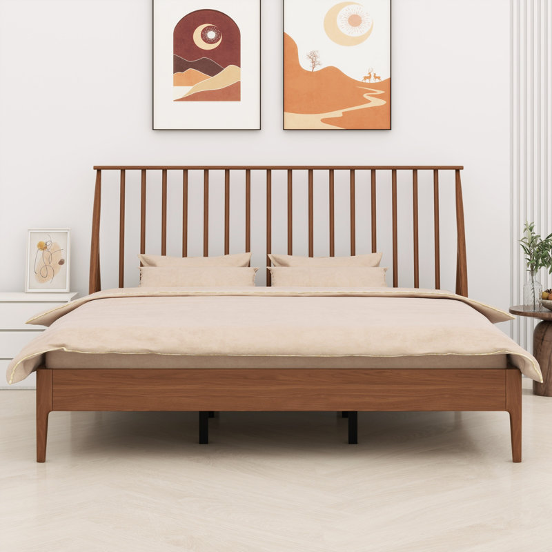 Lit plateforme en bois avec tête de lit haute, avec lattes de bois et support en métal, style Mid-Century moderne, Brun