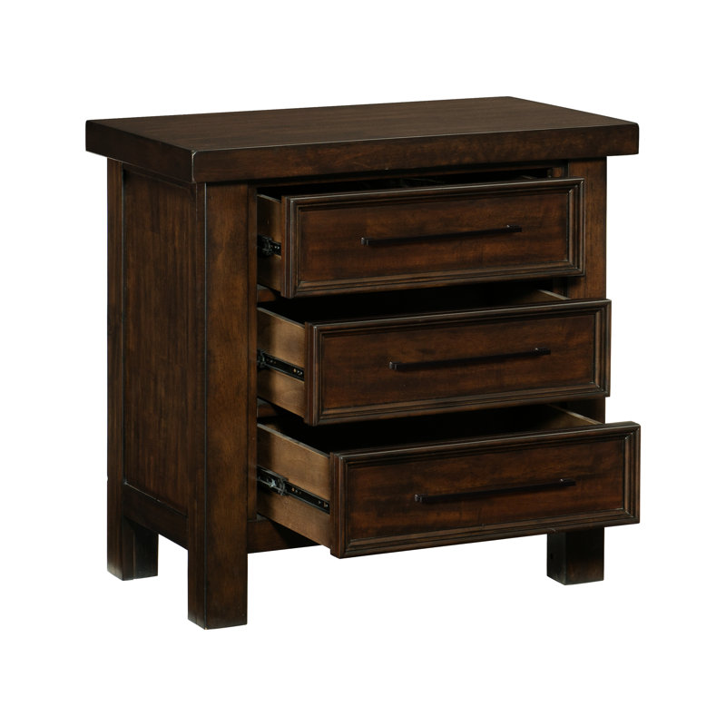 Table de chevet classique transitionnelle, brun, 3 tiroirs, placage de bois de manguier