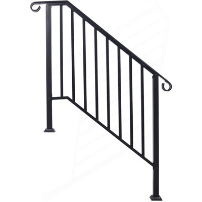 Handrails For Outdoor Steps, Fit 3 Or 4 Steps Outdoor Stair Railing, Picket#3 Wrought Iron Handrail, Flexible Porch Railing, Black Transitional Handrails For Concrete Steps Or Wooden Stairs