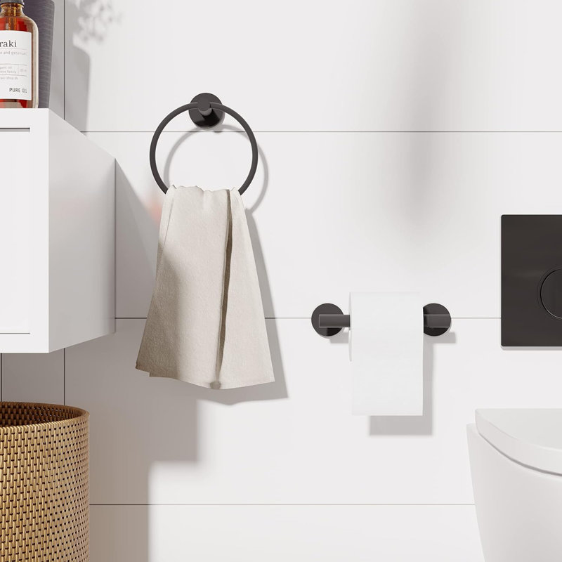 2-Piece Bath Hardware Set With Towel Ring Toilet Paper Holder Bathroom Towel Holder Set Accessories In, Matte Black