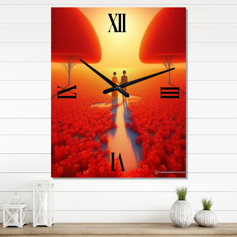 «Walking Inthe Summer Poppie Fields I» - Horloge murale asiatique surdimensionnée, Très grand