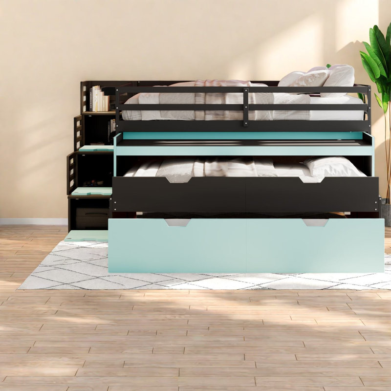 Lit mezzanine double moderne avec rangement, bureau en bois aggloméré pour petites pièces