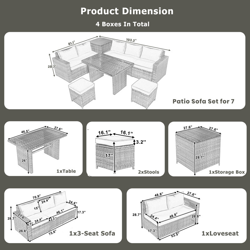  Ensemble de canapé modulaire d'extérieur 6 pièces avec boîte de rangement, dossier réglable, table de salle à manger et repose-pieds, beige