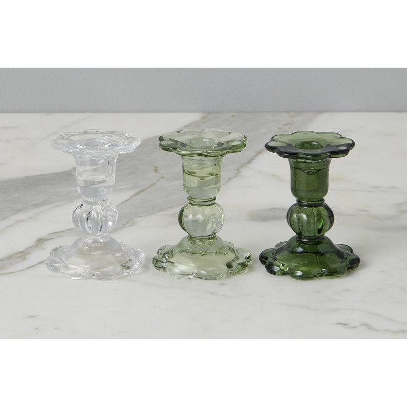 Glass Scalloped Candlesticks, Clear/Sage/Spruce