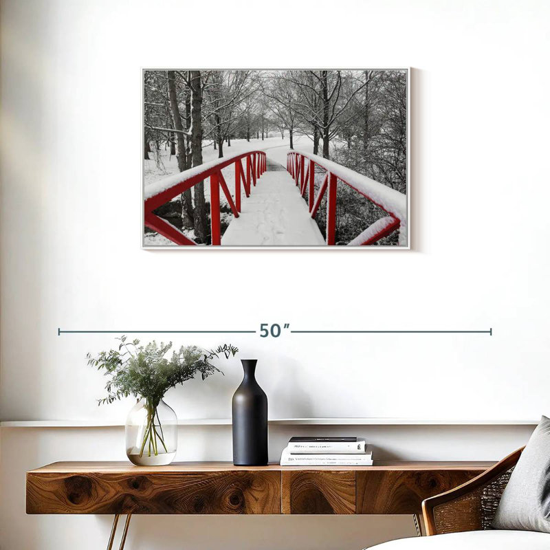 Passerelle rouge enneigée, 31 po x 21 po, Cadre flottant blanc