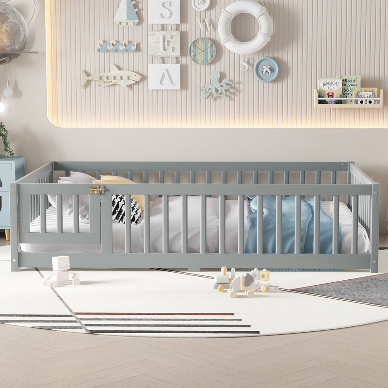 Lit double avec barrière de sécurité et porte - Structure de lit pour enfant pour chambre d'enfant, gris, Lit double, Gris